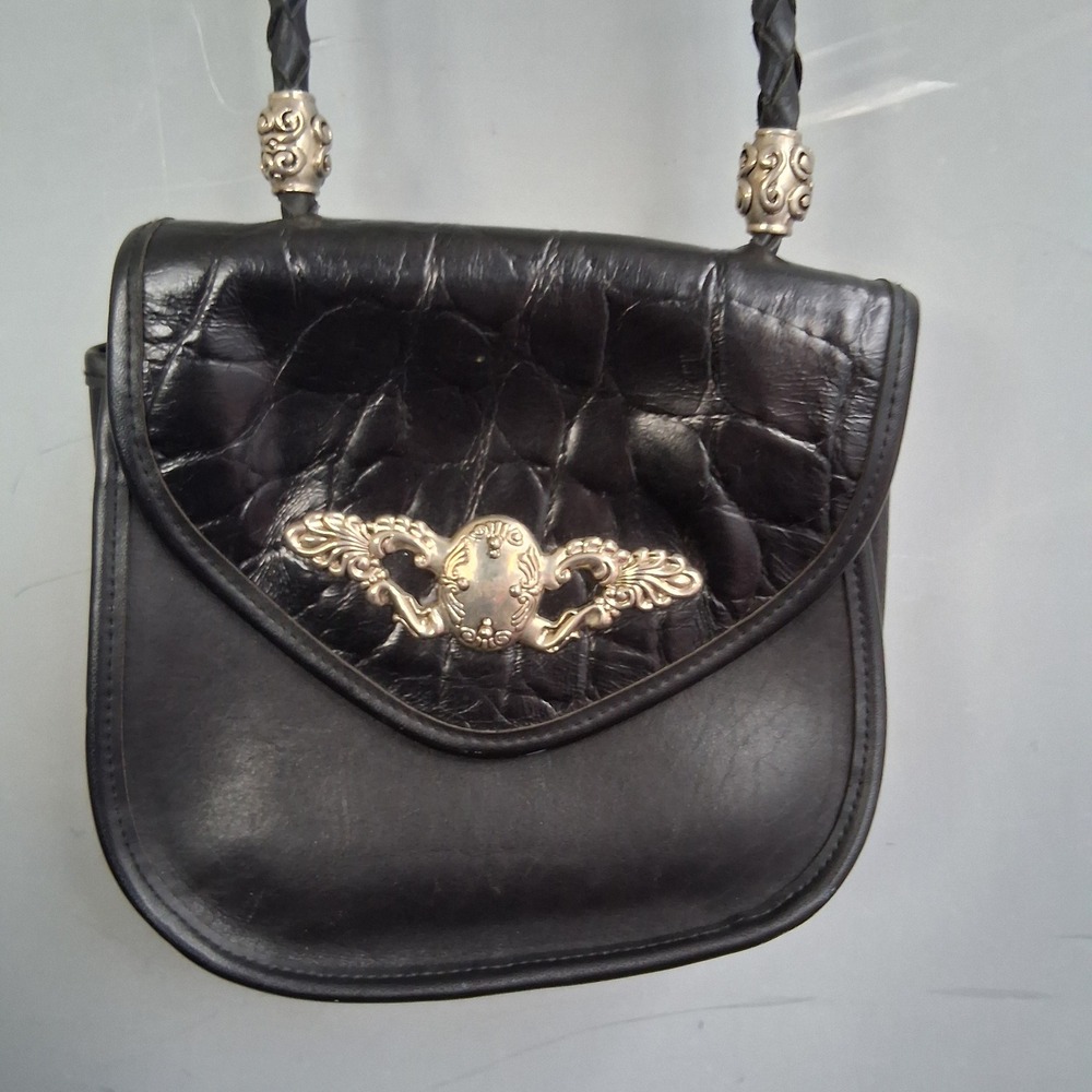Brighton Black Leather Croc Embossed Crossbody Bag Silver Ornate Medallion